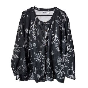 KIKO comfort clothing 100% linen top Black Floral button front lagenlook L